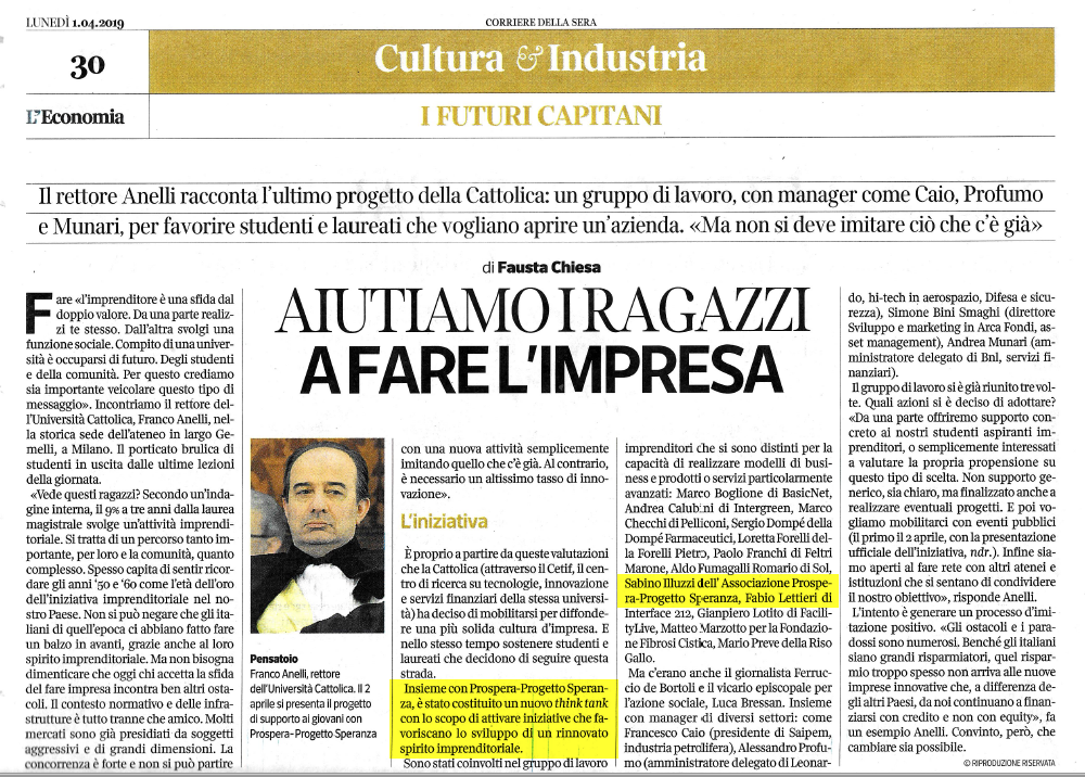 Associazione Prospera su "Il Corriere della Sera"